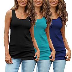 Damen Extra Lange Tank Tops Baumwolle Camisoles Basic Layering Sleeveless Unterhemden 3er-Pack, Schwarz/Aqua/Marineblau, Groß von TAIPOVE