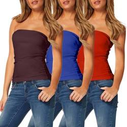 TAIPOVE Damen Tube Top Baumwolle Trägerlos Camisole Crop Länge Sexy Niedlich Sommer Shirts 3 Packungen, Rot/Königsblau/Kastanienbraun, Mittel von TAIPOVE