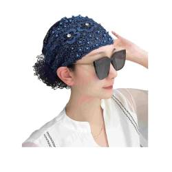 2024 Neues perlenbesetztes Blumenspitzen-Stirnband, Frauen-Blumenspitzen-Kopftuch-Haarabdeckung Kopftuch-Kopftuch-Hüte für Frauen Mädchen (dark blue,One Size) von TAITUS