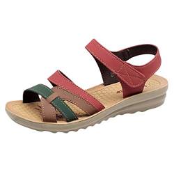 TAMALLU Damen Sandalen Farbe Matching Leder Flat Wedge Heel mit Klettverschluss Casual Schuhe Mutterschaft Strandschuhe(37,Roter Klettverschluss) von TAMALLU