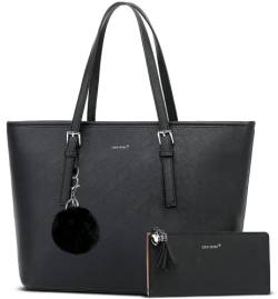 TAN.TOMI Handtasche Damen Set Schwarz Tasche Mit Geldbörse für Büro Schule Einkauf Handtasche Damen Groß Mit Quasten Damen und Pelz Kugel Plüsch Schlüsselring. von TAN.TOMI