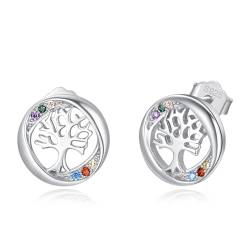 TANGPOET Baum des Lebens Ohrringe 925 Sterling Silber Lebensbaum Ohrstecker Mehrfarbig Runde Ohrstecker Schmuck Geschenke für Frauen Damen Mädchen von TANGPOET