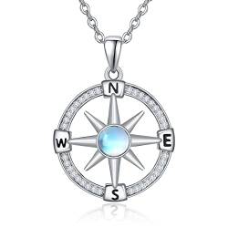 TANGPOET Kompass Halskette 925 Sterling Silber Mondstein Anhänger Halskette Schmuck Geschenke für Frauen Damen von TANGPOET