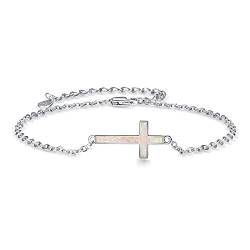 TANGPOET Kreuz Armband für Damen 925 Sterling Silber Christian Kruzifix Opal Armband Schmuck Geburtstagsgeschenk für Frauen Mädchen, verstellbares Armband von TANGPOET