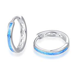 TANGPOET Mädchen Creolen Ohrringe Sterling Silber 925 Blau Opal Kinderohrringe, Klein Hypoallergene Klappcreolen, Weißgold Damenohrringe, Schmuck Geschenke für Frauen, 20mm von TANGPOET