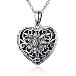 TANGPOET Medaillon Halskette mit Bild 925 Sterling Silber Herz Sonnenblume Foto Medaillons Anhänger Geschenk für Frauen Mädchen Familie von TANGPOET