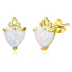 TANGPOET Weiß Opal Ohrstecker für Damen Mädchen 925 Sterling Silber Herz Edelstein Ohrringe Stecker Vergoldet Krone Earrings Schmuck Muttertag Geburtstag Weihnachten Geschenke für Sie von TANGPOET