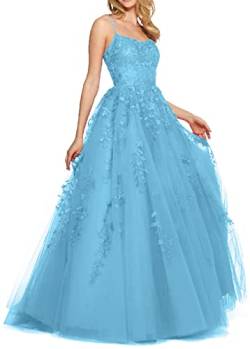 Damen Abendkleider A-Linie Lang Ballkleid Tüll Prinzessin Spaghettiträger Hochzeitskleid Partykleid Blau 36 von TANPAUL