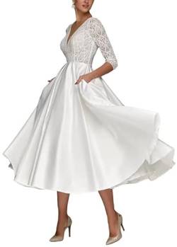 TANPAUL Brautkleider V-Ausschnitt Spitzen Hochzeitskleid Satin Rückenfrei Abendkleider Elfenbein 48 von TANPAUL
