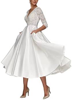 TANPAUL Brautkleider V-Ausschnitt Spitzen Hochzeitskleid Satin Rückenfrei Abendkleider Weiß 36 von TANPAUL