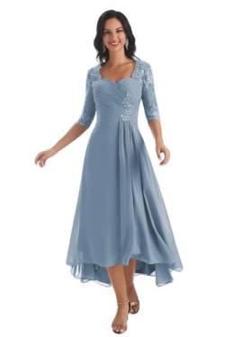 TANPAUL Brautmutterkleider Lang Spitzen Vokuhila Abendkleid Formell Hochzeit Partykleid Grau-blau 34 von TANPAUL