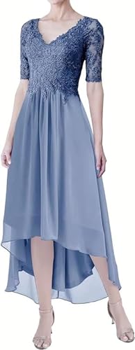 TANPAUL Damen Spitze Applikationen Chiffon Brautmutterkleider Halbarm V-Ausschnitt Knielang Abendkleid Formales Promkleider Staubiges Blau 46 von TANPAUL