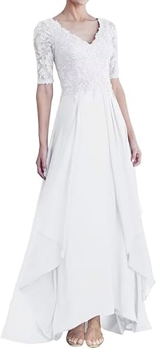 TANPAUL Damen V-Ausschnitt Lang Brautmutterkleider Spitze Applikationen Chiffon Abendkleid Halbarm Formales Festkleider Weiß 54 von TANPAUL