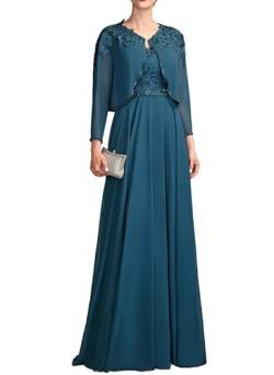 TANPAUL Damen V-Ausschnitt Langärm Brautmutterkleider Chiffon Spitze Abendkleider mit Jacke Teal 46 von TANPAUL