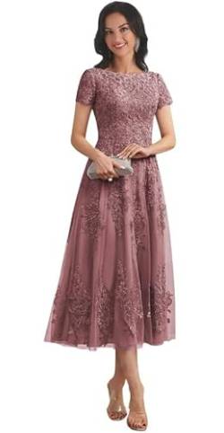 TANPAUL Spitze Applikationen Tüll Brautmutterkleider Abendkleider V-Ausschnitt Ballkleid Staubige Rose 34 von TANPAUL