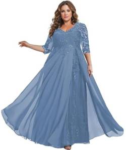 TANPAUL Spitze Chiffon Brautmutterkleider Halbarm Lang Abendkleid Ballkleid Plus Größe Blau 58 von TANPAUL