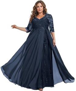 TANPAUL Spitze Chiffon Brautmutterkleider Halbarm Lang Abendkleid Ballkleid Plus Größe Marineblau 58 von TANPAUL