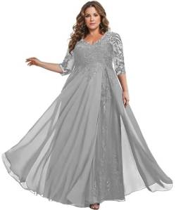 TANPAUL Spitze Chiffon Brautmutterkleider Halbarm Lang Abendkleid Ballkleid Plus Größe Silber 52 von TANPAUL