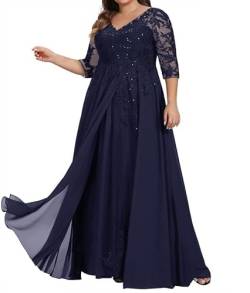 TANPAUL Spitze Chiffon Brautmutterkleider Halbarm Lang Abendkleid Ballkleid Plus Größe Stürmisches Blau 56 von TANPAUL