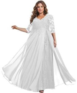 TANPAUL Spitze Chiffon Brautmutterkleider Halbarm Lang Abendkleid Ballkleid Plus Größe Weiß 54 von TANPAUL