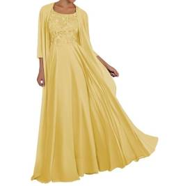 TANPAUL Spitze Chiffon Brautmutterkleider mit Jacke Langarm Rundhalsausschnitt Abendkleid Gold 46 von TANPAUL