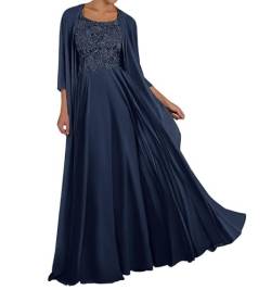 TANPAUL Spitze Chiffon Brautmutterkleider mit Jacke Langarm Rundhalsausschnitt Abendkleid Marineblau 32 von TANPAUL