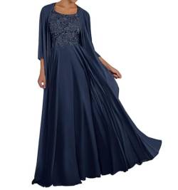 TANPAUL Spitze Chiffon Brautmutterkleider mit Jacke Langarm Rundhalsausschnitt Abendkleid Marineblau 48 von TANPAUL