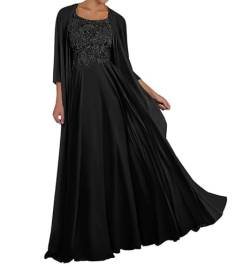 TANPAUL Spitze Chiffon Brautmutterkleider mit Jacke Langarm Rundhalsausschnitt Abendkleid Schwarz 50 von TANPAUL