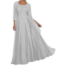 TANPAUL Spitze Chiffon Brautmutterkleider mit Jacke Langarm Rundhalsausschnitt Abendkleid Silber 48 von TANPAUL