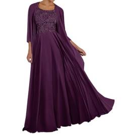 TANPAUL Spitze Chiffon Brautmutterkleider mit Jacke Langarm Rundhalsausschnitt Abendkleid Traube 42 von TANPAUL