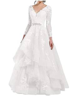 TANPAUL Spitzen Brautkleider A-Linie Langarm V-Ausschnitt Hochzeitskleider Abendkleider Weiß 34 von TANPAUL