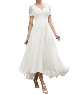 TANPAUL Spitzen Chiffon Brautskleid V-Ausschnitt Vokuhila Kurzarm Hochzeitskleider Elfenbein 42 von TANPAUL