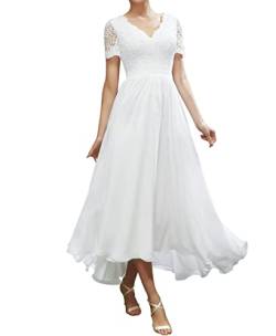 TANPAUL Spitzen Chiffon Brautskleid V-Ausschnitt Vokuhila Kurzarm Hochzeitskleider Weiß 48 von TANPAUL