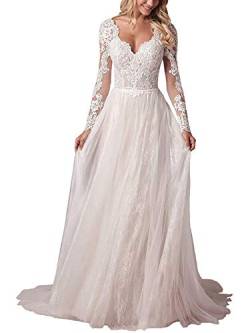 TANPAUL V-Ausschnitt Brautkleider Spitze Tüll Hochzeitskleider Langarm Abendkleider Elfenbein 46 von TANPAUL