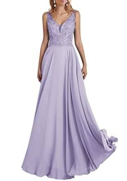 TANPAUL V-Ausschnitt Chiffon Brautjungfernkleid A-Linie Spitzen Abendkleid mit Perlen Lavendel 42 von TANPAUL