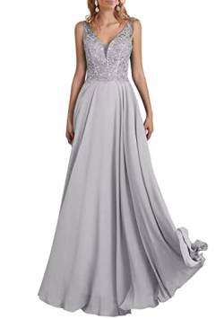 TANPAUL V-Ausschnitt Chiffon Brautjungfernkleid A-Linie Spitzen Abendkleid mit Perlen Silber 36 von TANPAUL