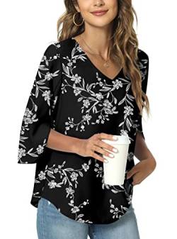 TAOHUADAO Damen 2024 Sommer Casual T-Shirt V-Ausschnitt Tunika Tops für Leggings Chiffon Bluse Shirt, 3/4-Ärmel, schwarz-weiße Blume, 48 von TAOHUADAO