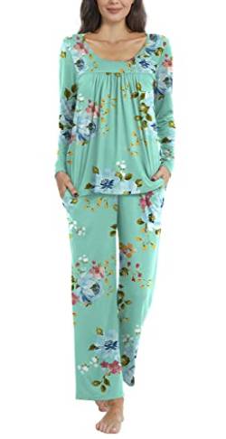 TAOHUADAO Damen Herbst Pyjama Sets, 2 Stück Lounge Nachtwäsche Damen Pjs Sets mit Taschen, 09 Mintgrün, L von TAOHUADAO