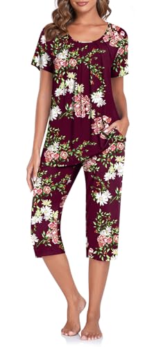 TAOHUADAO Damen-Schlafanzug, kurzärmelig, Oberteil mit Caprihose, Nachtwäsche, Damen-Pyjama-Sets mit Taschen, 5014/Floral Wine, 38 von TAOHUADAO