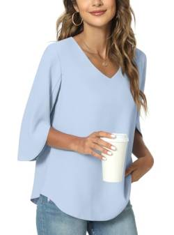 TAOHUADAO Damen Sommer Casual T-Shirt V-Ausschnitt Tunika Tops für Leggings Chiffon Bluse Shirt M, Hellblau von TAOHUADAO