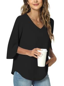 TAOHUADAO Damen Sommer Casual T-Shirt V-Ausschnitt Tunika Tops für Leggings Chiffon Bluse Shirt M, Schwarz von TAOHUADAO