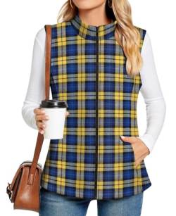 TAOHUADAO Damen Zip Steppweste mit Tasche Leichte Outwear Weste mit Stehkragen für Damen,Blau-gelbes Plaid,M von TAOHUADAO