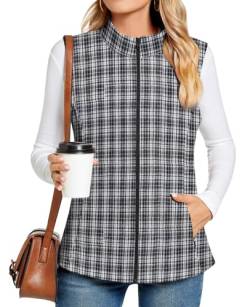 TAOHUADAO Damen Zip Steppweste mit Tasche Leichte Outwear Weste mit Stehkragen für Damen,Schwarz-weißes gemischtes Plaid,M von TAOHUADAO