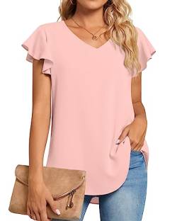 TAOHUADAO Lässiges Damen-T-Shirt, V-Ausschnitt, Chiffon, Rüschenärmel, Sommer-Top, Rüschen-Rosa, 42 von TAOHUADAO