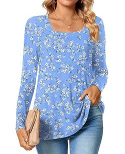 TAOHUADAO Womens 2023 Casual Langarm T-Shirts Quadratischer Ausschnitt Tunika Tops Lose Bequeme Blusen im Herbst,Blaue weiße Blume,L von TAOHUADAO