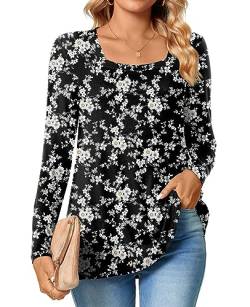 TAOHUADAO Womens 2023 Casual Langarm T-Shirts Quadratischer Ausschnitt Tunika Tops Lose Bequeme Blusen im Herbst,Kleine Blume-Schwarz,M von TAOHUADAO