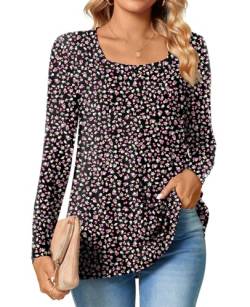 TAOHUADAO Womens 2023 Casual Langarm T-Shirts Quadratischer Ausschnitt Tunika Tops Lose Bequeme Blusen im Herbst,Kleine Schwarze Blume,XXL von TAOHUADAO