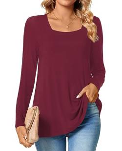 TAOHUADAO Womens 2023 Casual Langarm T-Shirts Quadratischer Ausschnitt Tunika Tops Lose Bequeme Blusen im Herbst,Wein Rot,L von TAOHUADAO