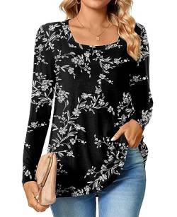 TAOHUADAO Womens 2023 Casual Langarm T-Shirts Quadratischer Ausschnitt Tunika Tops Lose Bequeme Blusen im Herbst,Weiß-Schwarz geschnitzt,L von TAOHUADAO