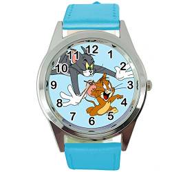 Runde Armbanduhr aus Leder, für Tom und Jerry Fans, Blau von TAPORT
